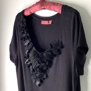 Elle Black Tee Cap Sleeve Satiny Folded Flower Trim